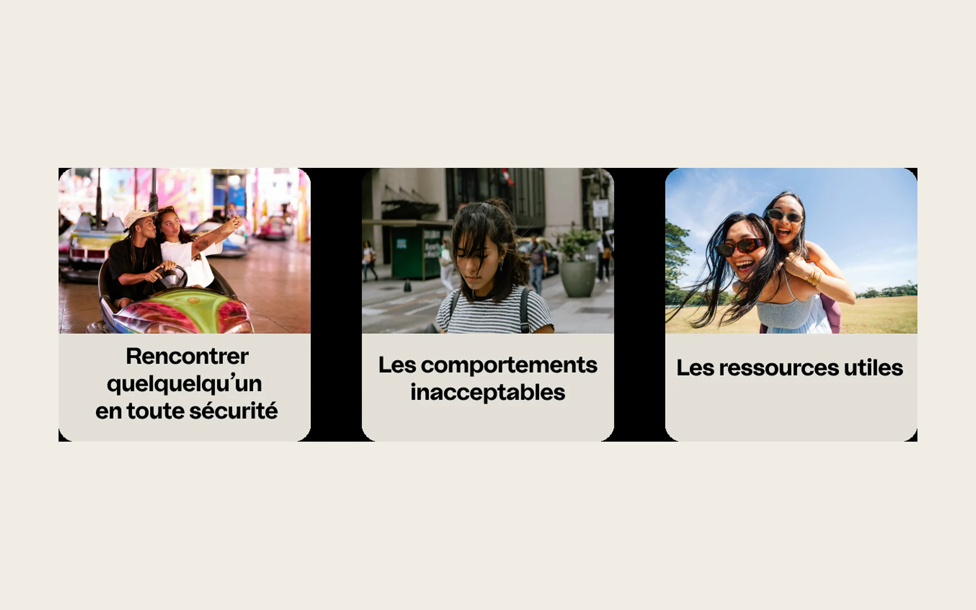 Trois entrées : rencontrer quelqu'un en toute sécurité, les comportements inacceptables, les ressources utiles.