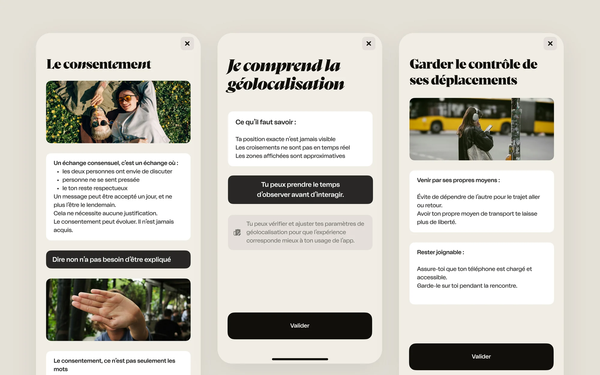 Le consentement, la géolocalisation et les déplacements : expliquer clairement ce que voient les autres et garder la main.