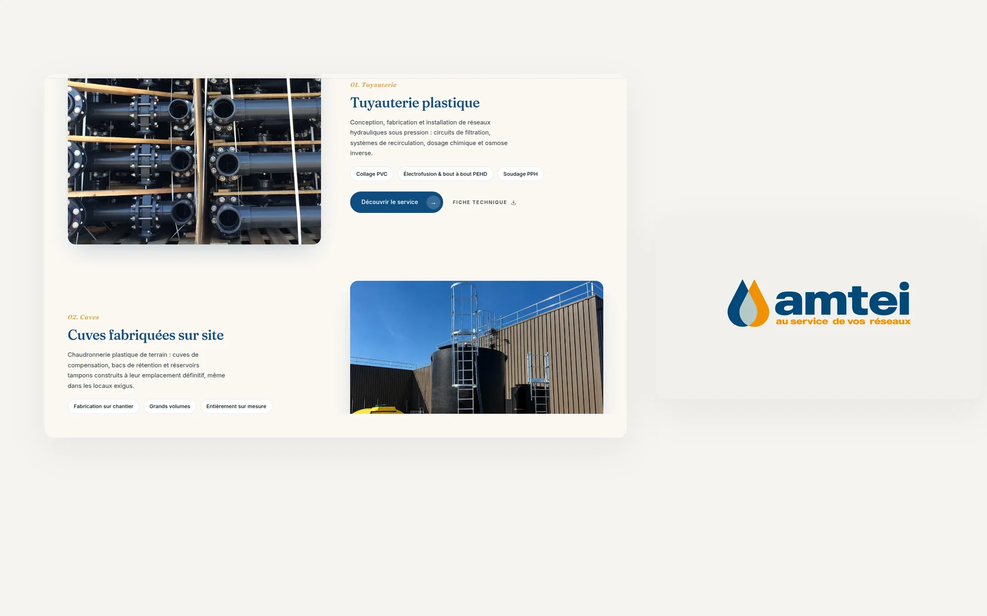 AMTEI : site vitrine, pages produits et logo, pour un installateur de réseaux d'eau.
