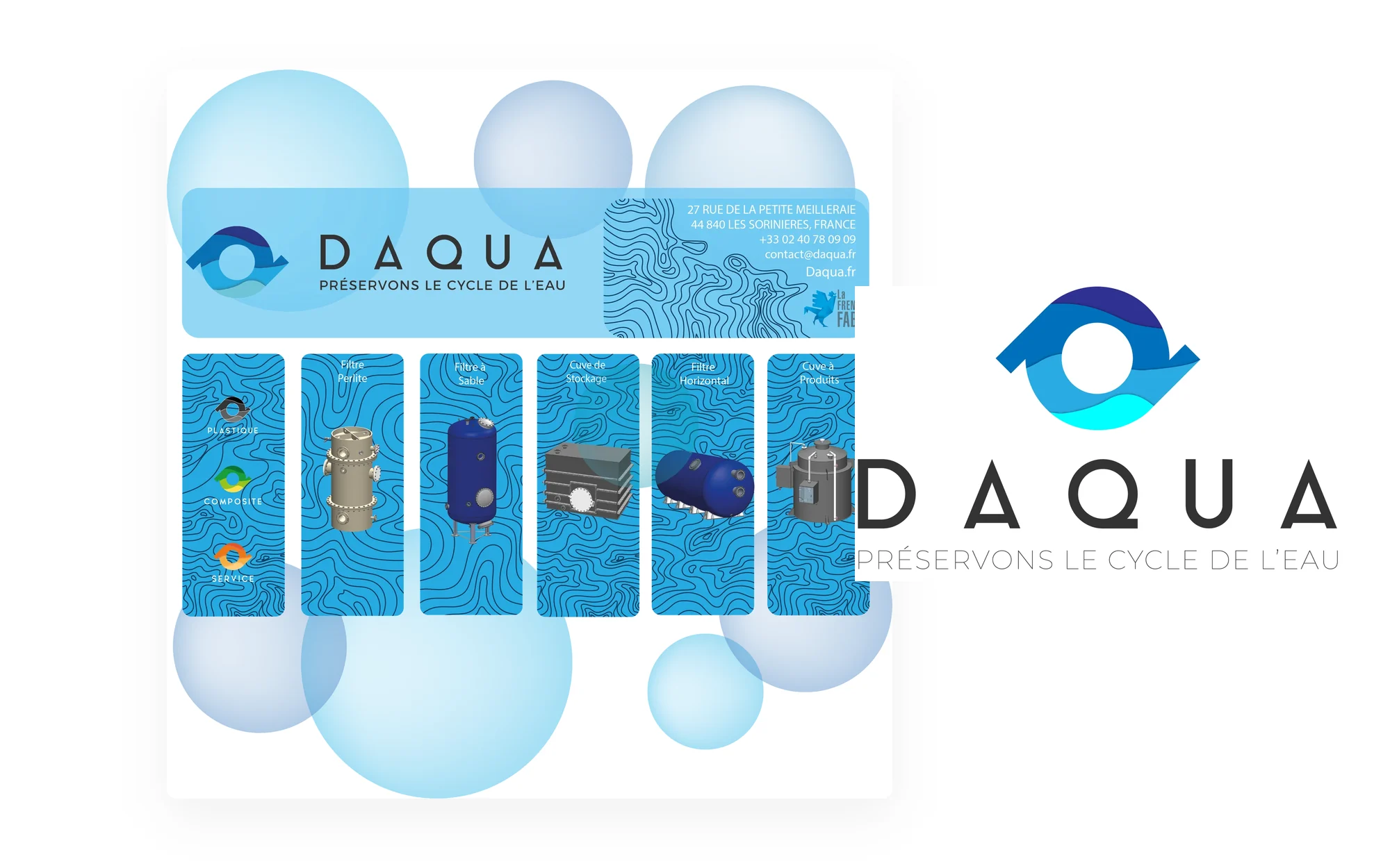 DAQUA : logo, affiche et visuels de salon autour du cycle de l'eau.