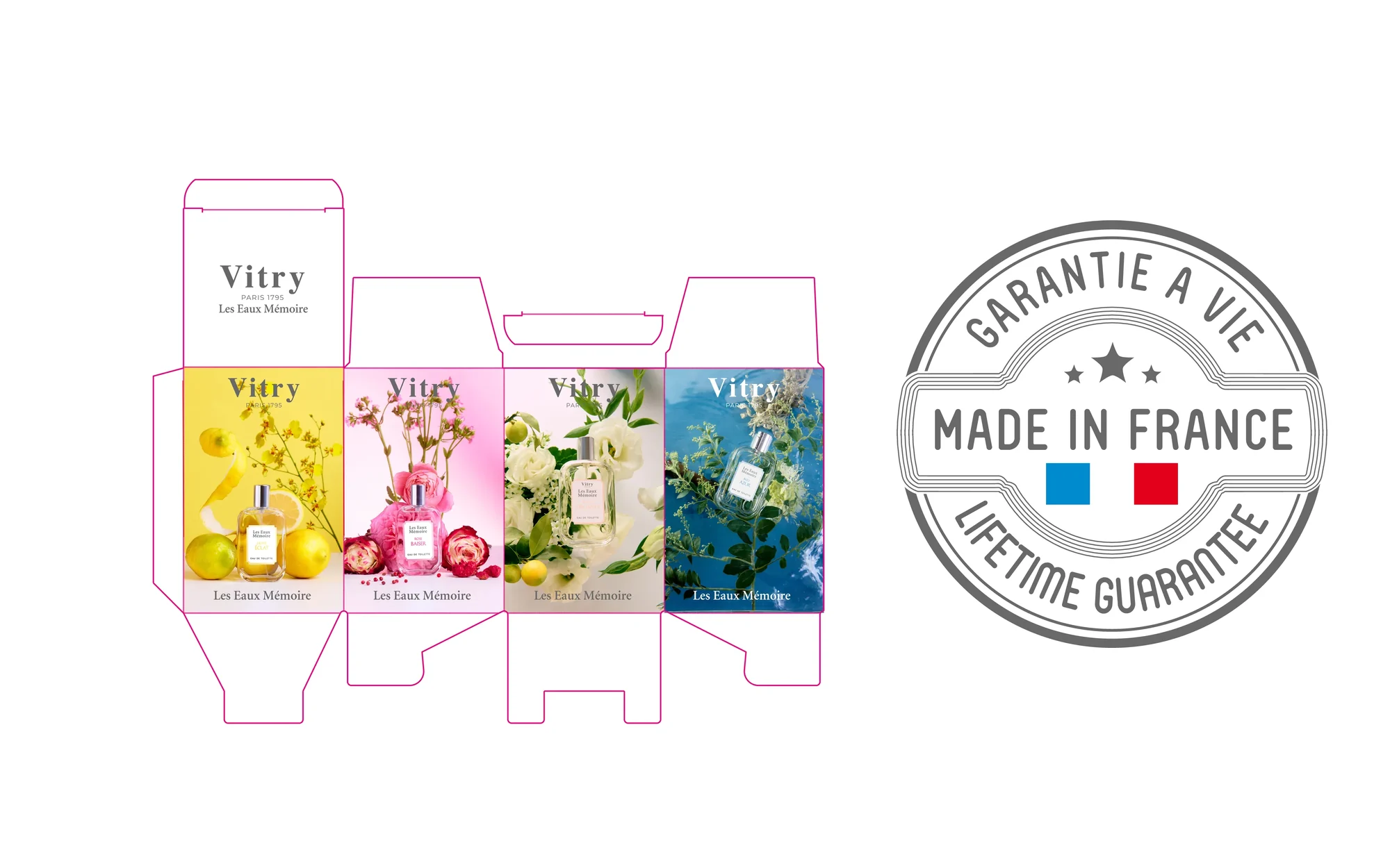 Vitry Paris : packaging des Eaux Mémoires et pictogramme de garantie.