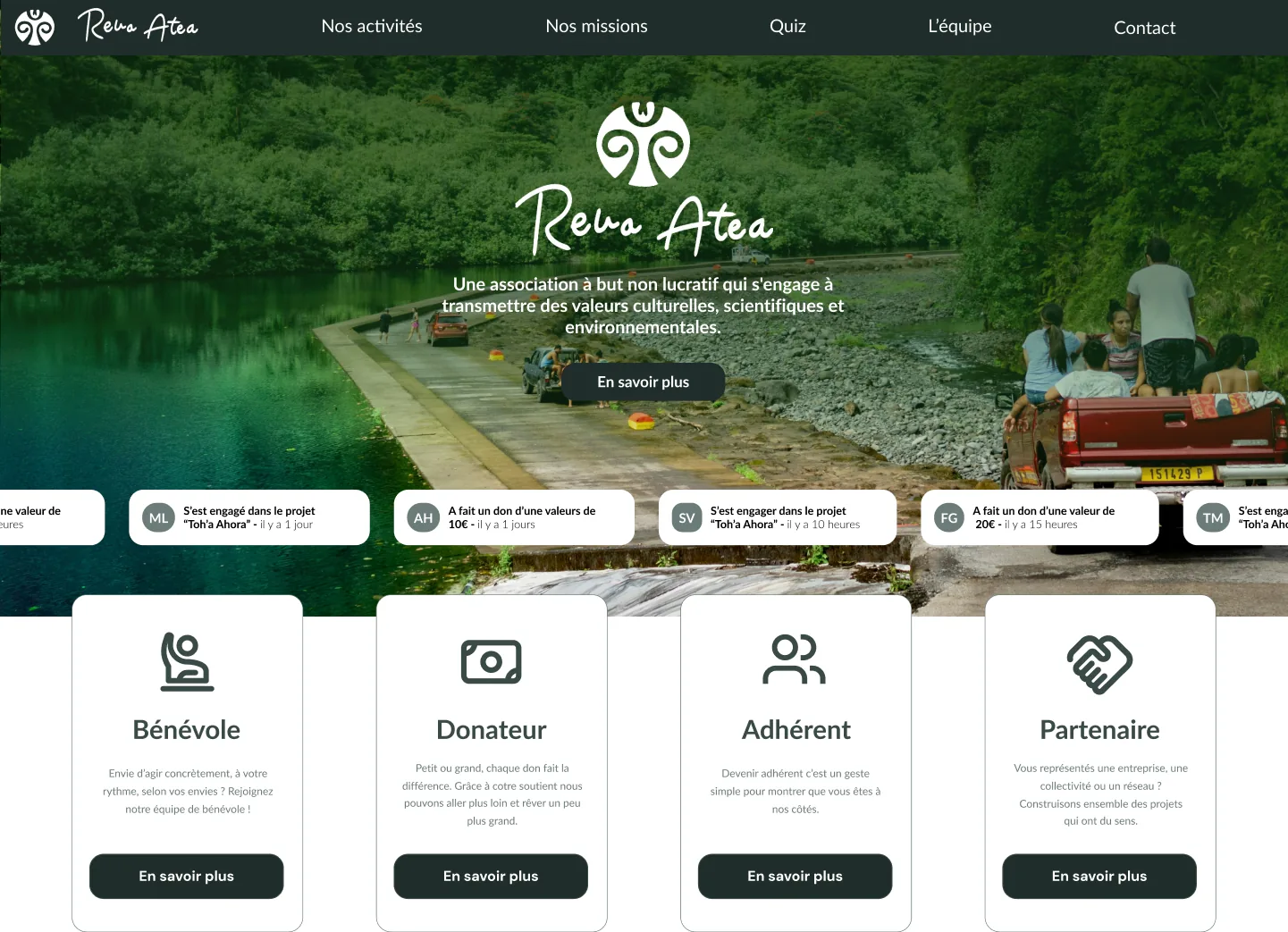 La page d'accueil relie la mission de l'association aux quatre façons concrètes de contribuer.