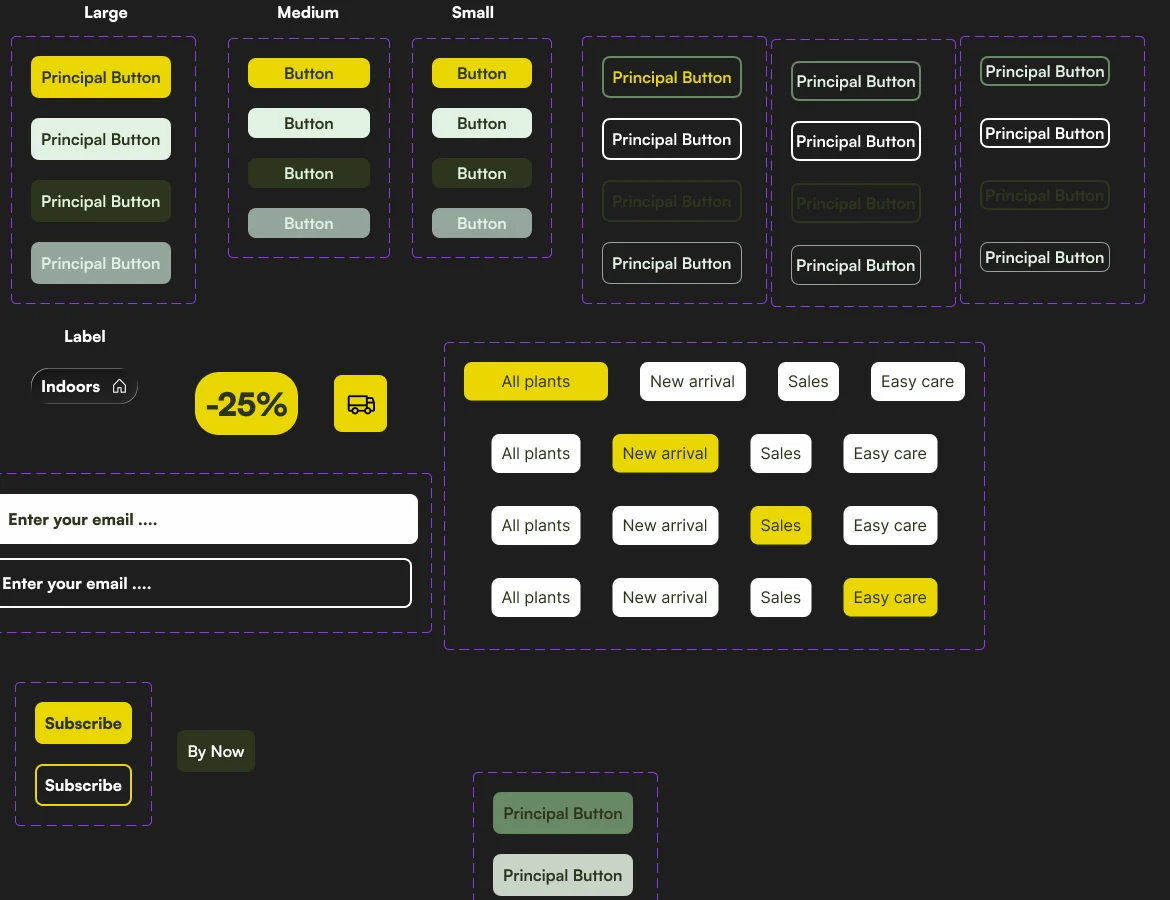 Le design system : boutons en trois tailles, états, filtres, champs.