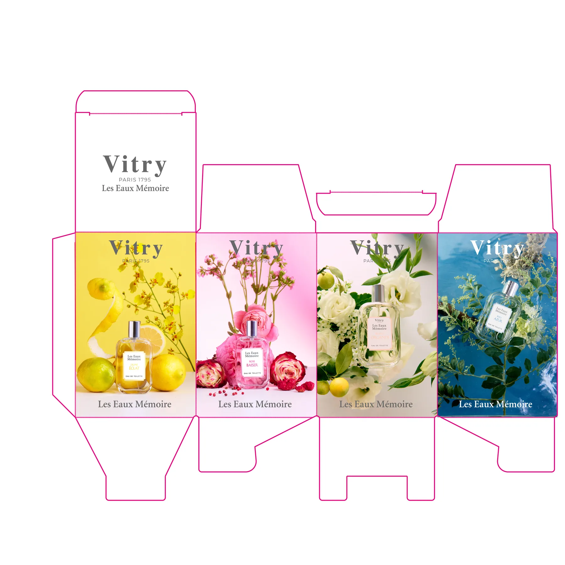 La gamme Les Eaux Mémoires : quatre parfums sur un même patron, avec les repères de découpe et de pliage.