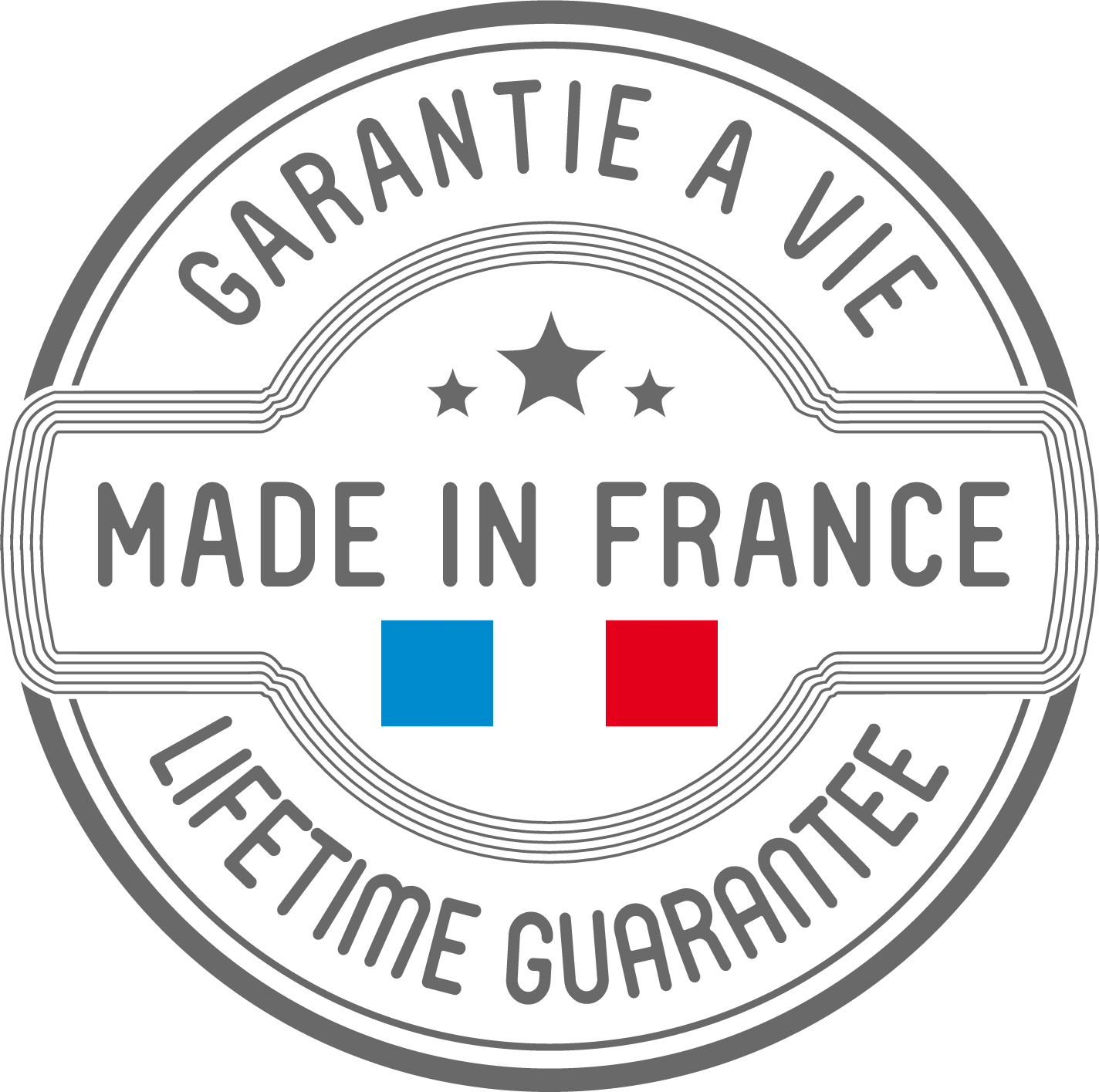 Le pictogramme « Garantie à vie · Made in France », en français et en anglais.