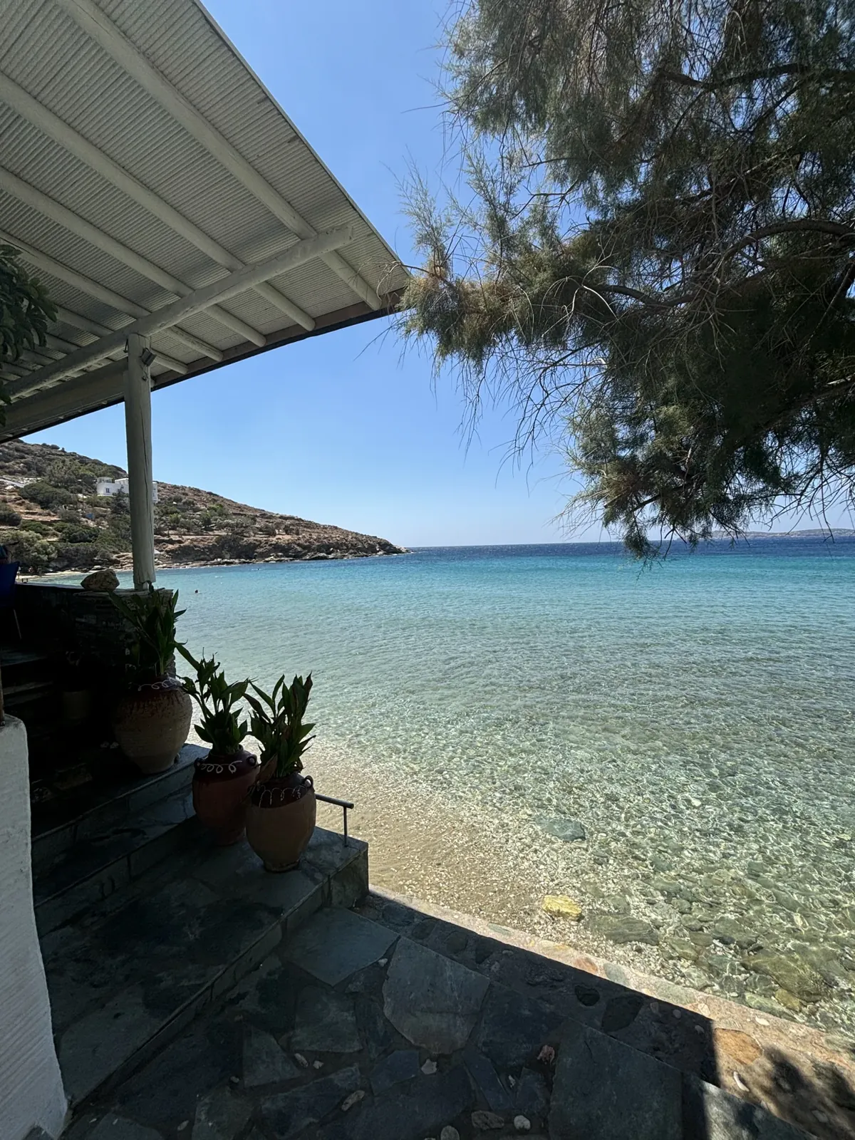 Andros : l'eau transparente, la terrasse juste au-dessus.