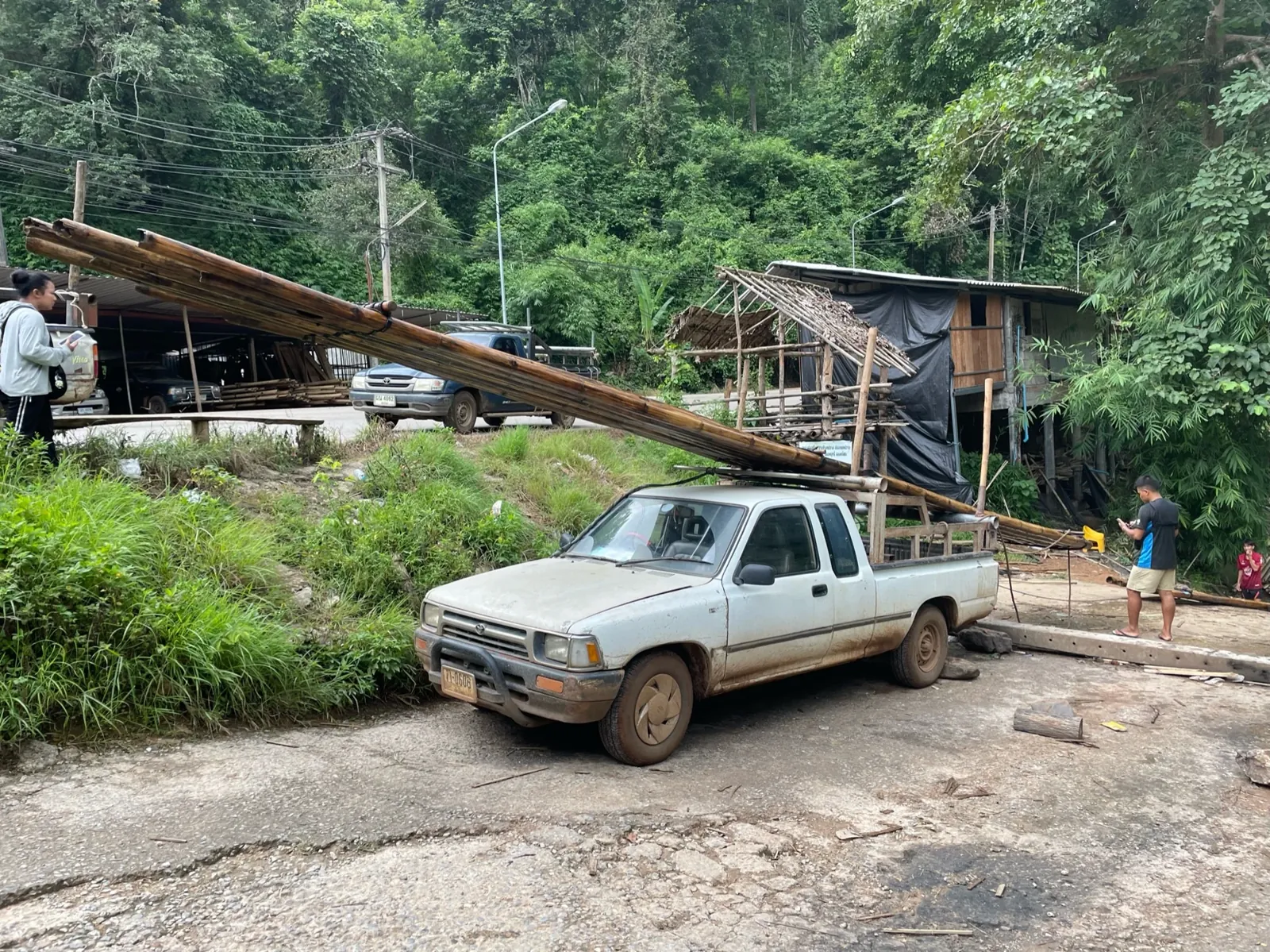 Chargement local : des tiges de bambou de dix mètres sur un pick-up. Ça tient.